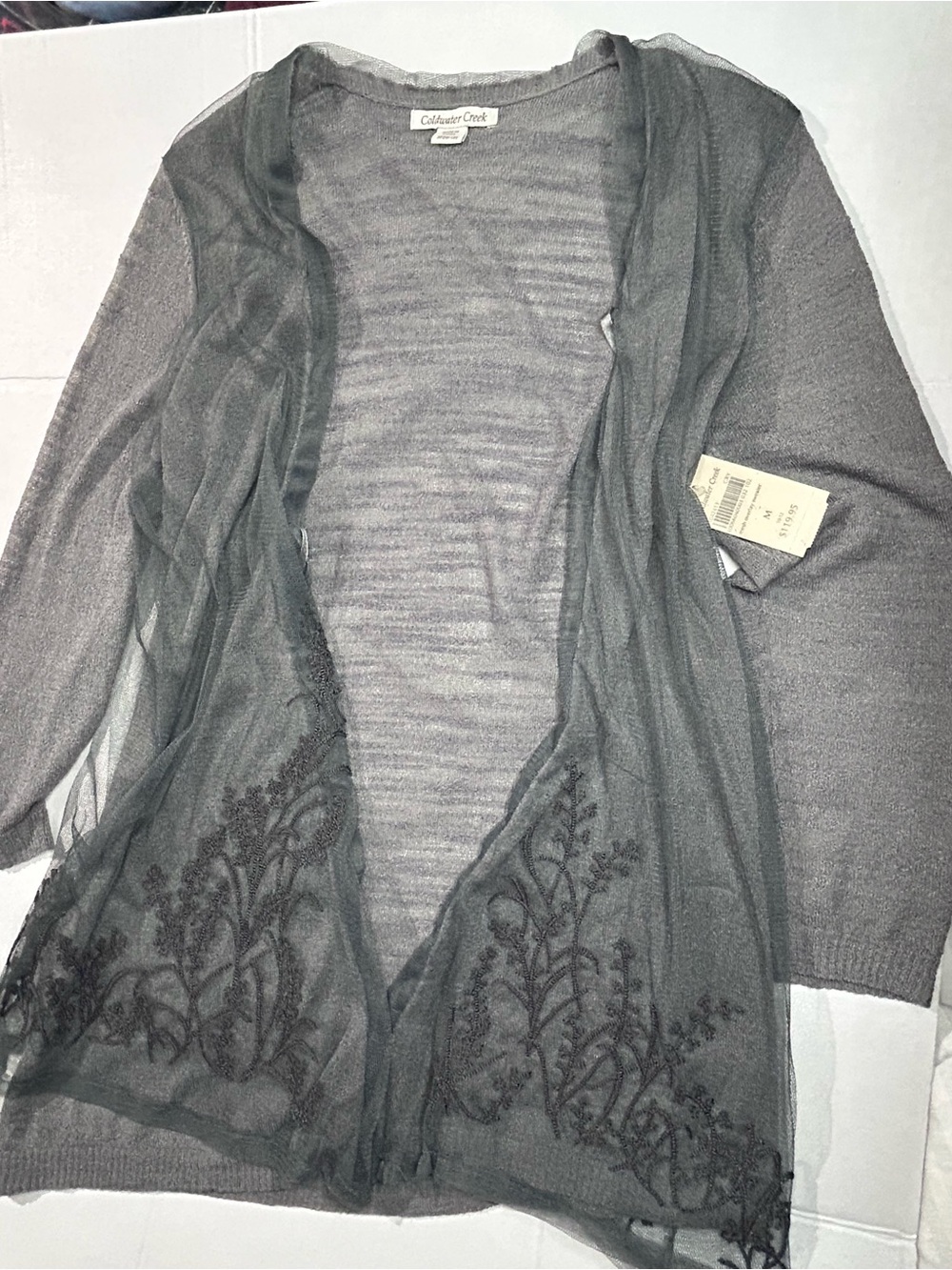 Coldwater Creek Gray Sheer Embroidered Open-Front Cardigan